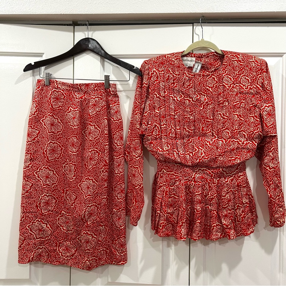 Raul Blanco 2-pc Top Skirt 100% Silk Vintage Colorful Lined Reddish Ivory Size 6
